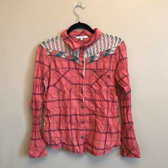 Miss Me Tops - Miss Me M long sleeve open back blouse plaid lace